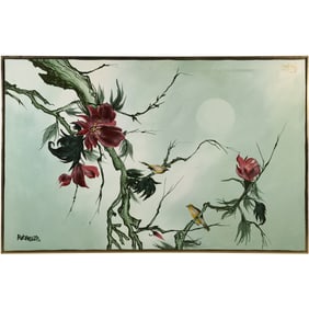 Signed Reynolds, Large Oil on Canvas Painting Birds on a Branch, Framed 32 in. x 49 in.