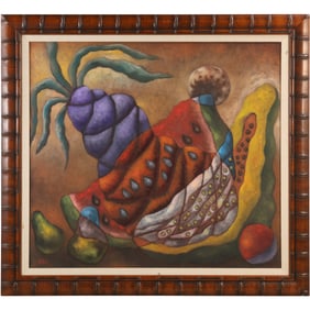 Signed Batista, Surreal Arrangement of Fruits and Other Organic Forms Oil on Canvas Painting