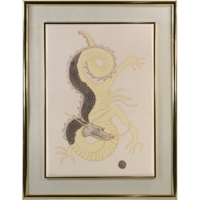 "Flying Dragon in the Sky" Painting on Silk by Dongmei Wang, Framed 44 inches x 34 inches