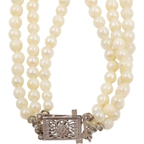 14K Clasp 3-Strands of Freshwater Cultured Pearl Necklace, Clasp is adorned by a Diamond