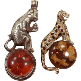 2 Animal Pendants Amber Reconstitued CHEETAH 3 in. x 1.5 in., MONKEY 2.5 in. x 1.5 in.