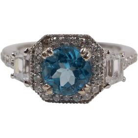 14K Gold 585 Blue Topaz Center Stone with 36 CZs Surrounding Ring Size 7.25 , Topaz 1.25 ct approx.