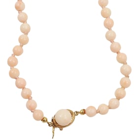 18K Gold Clasp Angel Skin Coral Beads Necklace 26 inches x 1/4 in.