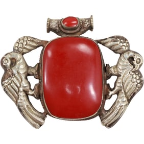 Silver Falcon Pendant with Red Stone 3 in. x 4 in.