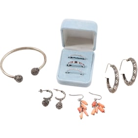 .925 Sterling Silver CZ [3] Rings in Case Size 10.5, Sterling Filigree Hoop Earrings 1 3/4 in. ;