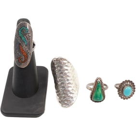 [4] Sterling Silver and Turquoise Ring Size 5.5, 3/4 in. ; Sterling .925 Feather Design Around