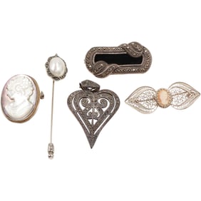 [5] Sterling Faux Pearl and Marcasites Stick Pin 3 in. x 5/8 in.; Sterling Black Onyx and Marcasites