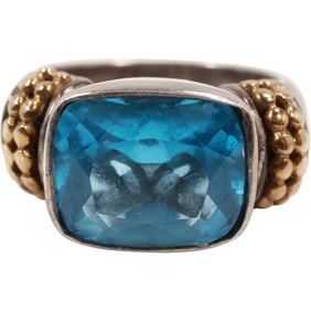 SLV .925 Sterling and 585 [14K Gold] with Blue Topaz Ring Size 6.5 ;  7/8 in. x 1/2 in.