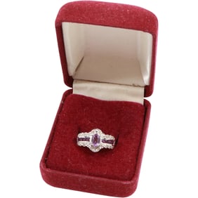 10K White Gold Purple Amethyst 8 Side and 12 Center 12 Diamonds Surrounding Setting Ring Size 7