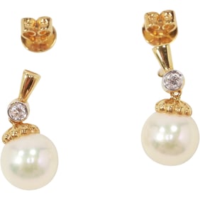 14K Gold Freshwater Pearls with Diamonds Dangling Pierced Earrings 3/4 inch