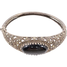 .925 Sterling Silver Filigree with Marcasites and Center Black Onyx Bangle Bracelet 2 3/4 in.
