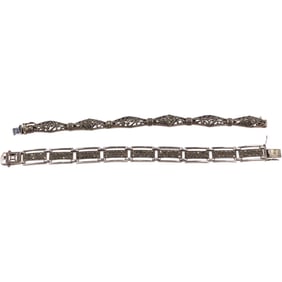 2 Sterling Silver Bracelets 50 grams: .925 9-Panel with Marcasites has sm. closure panel Bracelet;