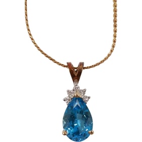14K Gold Blue Topaz and Diamond Pendant with 14K GF Chain 17.5 inch length