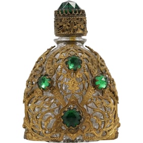 ORMOLU JEWELED PERFUME BOTTLE W GREEN JEWELS 2.75 in. height