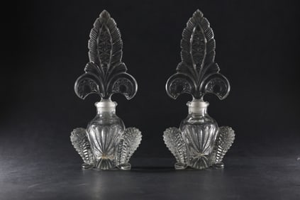 Pair ART DECO IRICE IMPERIAL GLASS FLEUR DE LIS PERFUME BOTTLES FAN TOP