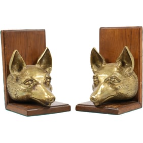 Vintage Thomas Blakemore Heavy Brass Fox / Wolf Head Figure Bookends