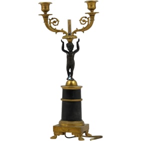 19th C. French Bronze Cherub Figural Candleabra Lamp Base 2-Tone Bronze 15 in. height