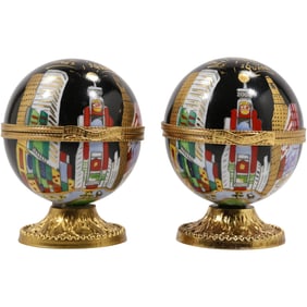 2 Limoges porcelain egg-shaped trinket boxes on gilded pedestal bases Times Square NYC