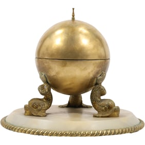 Antique 19th C. French Empire Brass Sphere Inkwell Serpents Base on Marble Plateau 7 in. x 8 in.
