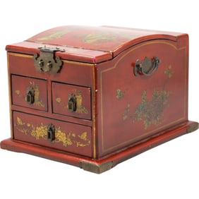 Antique Asian Red Lacquer Jewelry Box with Mirror and Drawers –Flowers Decoration 7 in. x 11 in.