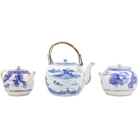 3 Assorted 19th C. Chinese Blue and White Porcelain Tea Pots with Asian Scenes