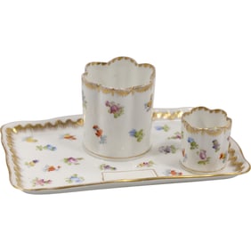 Antique Dresden Porcelain Desk Set, likely an inkstand or pen holder with an integral tray.