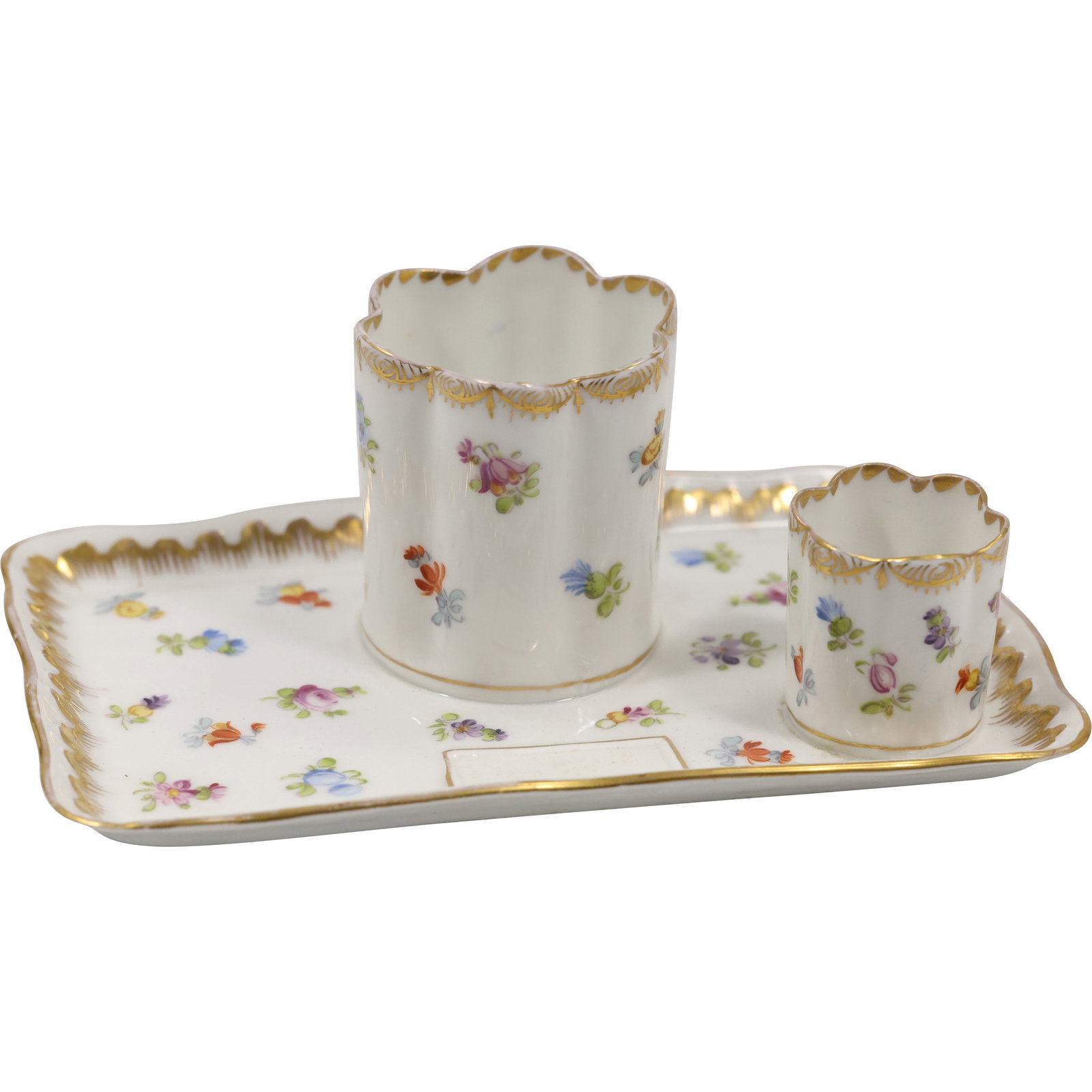 Antique Dresden Porcelain Desk Set, likely an inkstand or pen holder with an integral tray. (1 of 14)
