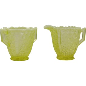 Vintage Vaseline Glass Creamer and Open Sugar Bowl Set