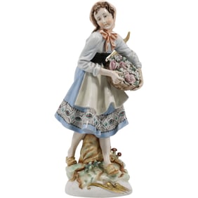 Fine Vintage Porcelain Statue Girl Holding a Basket of Fowers. 13 inches height x 4.5 in. wide