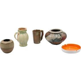 5 Assorted Studio Art Pottery & Mid-Century Ceramic Vases, Pitcher, Orange Ashtray
