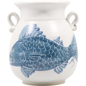 Signed Large Chatham Pottery Blue Cape Cod KOI Fish Handled Vase 9 inches height x 6 in. wide