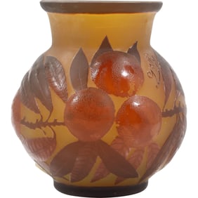 Signed Galle Glass Vase Embossed Plums and Leaves Brown Amber Red 7 in. height x 4.5 in. wide
