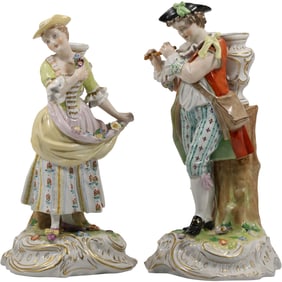 Pair of Dresden Porcelain Figurine Man & Lady, Serenading with Flute 12 inches height