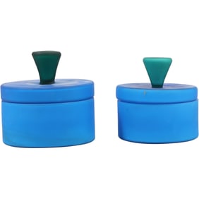 2 Mid-Century Modern Blue Encased Glass Candy Dishes or Dresser Jars. with Green Handles