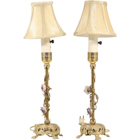 Pair Antique FRENCH Ormolu Applied Porcelain Flower Boudoir Stick Lamps with Silk Shades