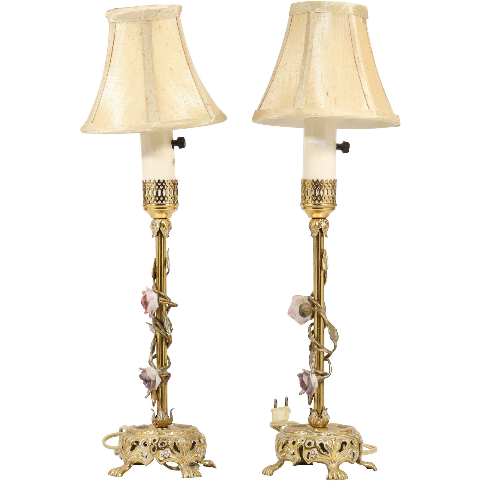 Pair Antique FRENCH Ormolu Applied Porcelain Flower Boudoir Stick Lamps with Silk Shades: Pair Antique FRENCH Ormolu Applied Porcelain Flower Boudoir Stick Lamps with Silk Shades. size: 19 inches height , 5 in. wide. S:A