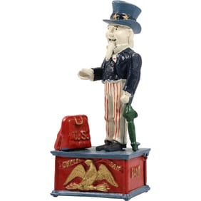 Novelty Cast Iron UNCLE SAM Mechanical Coin Bank in Original Paint Finish 10.5 in. height