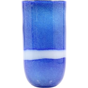 Blue Art Glass Cylindrical Vase with White Stripe 11.5 inches height x 6 in. wide