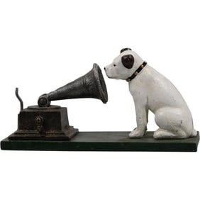 Cast Iron Figure Sculpture Nipper Dog with Gramophone His Masters Voice in Original Paint Finish