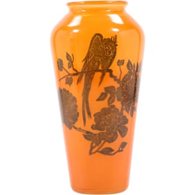 Art Deco Orange Glass Vase with a dark brown illustration of a Parrot on a branch 10 in. height