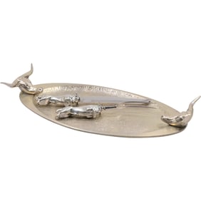 Bruce Fox Design 1976, Cast Metal Chrome Steak Tray with Steer Heads & Carving Utencils