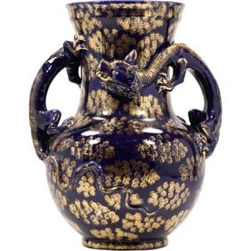 Vintage Cobalt Blue Porcelain Dragon Vase with Double Handles and Gold Gilt Decoration 15.5 in.