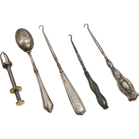 [5] Assorted Sterling Handles 3 Crochet Hooks, Strainer, Sugar Cube Tong