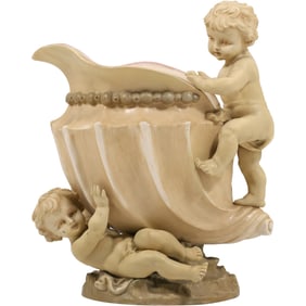 Crown Rudolstadt Fine Porcelain Conch Shell Vase with Cherubs, Marked on Base, 10.5 in. height