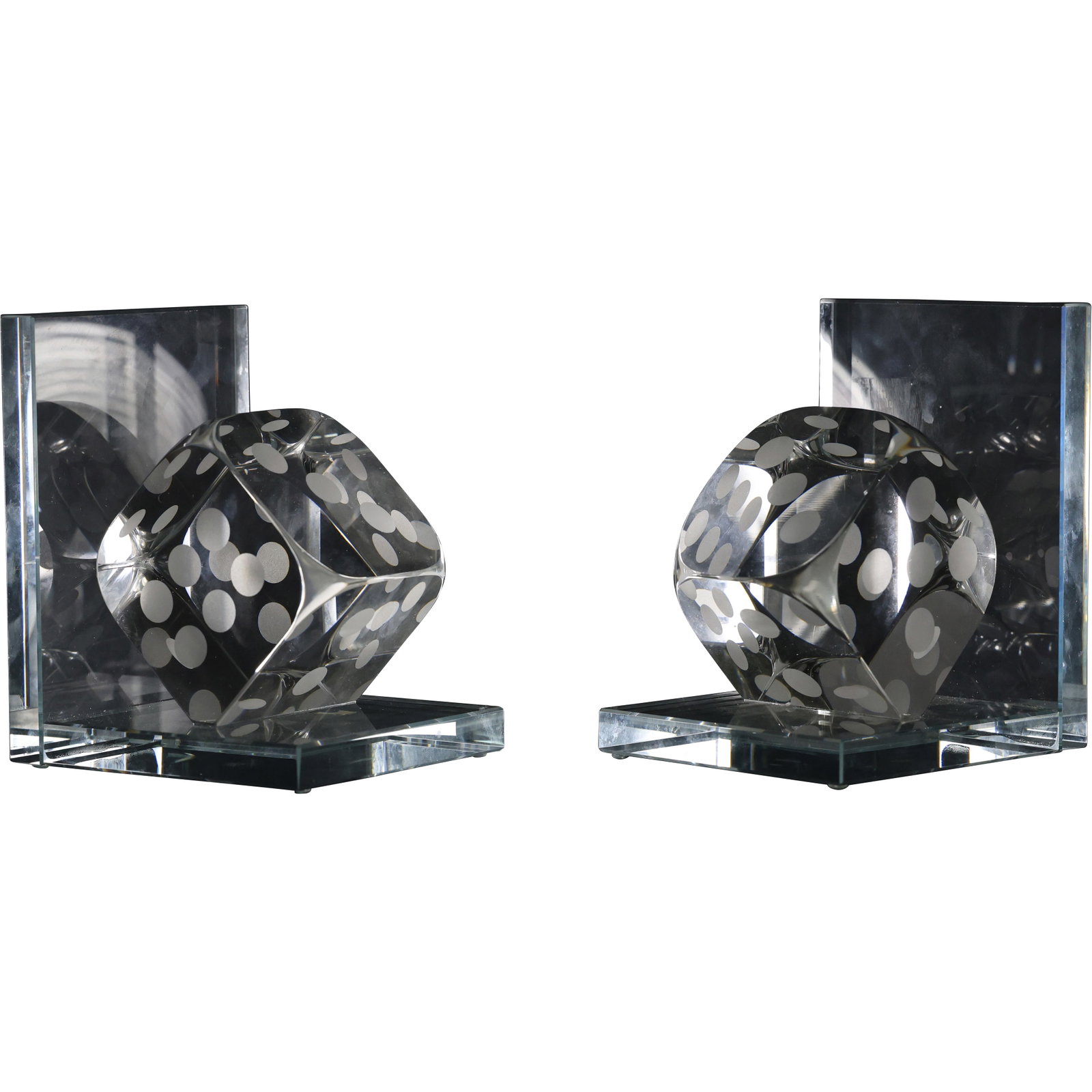 Crystal Glass Dice Bookends with Textured & Frosted Numbers on Thick Glass Base: Crystal Glass Dice Bookends with Textured & Frosted Numbers on Thick Glass Base. size: 6h 4.5w S:B