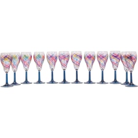 Set 12 hand-blown art glass wine glasses with colorful, swirled patterns and blue stems