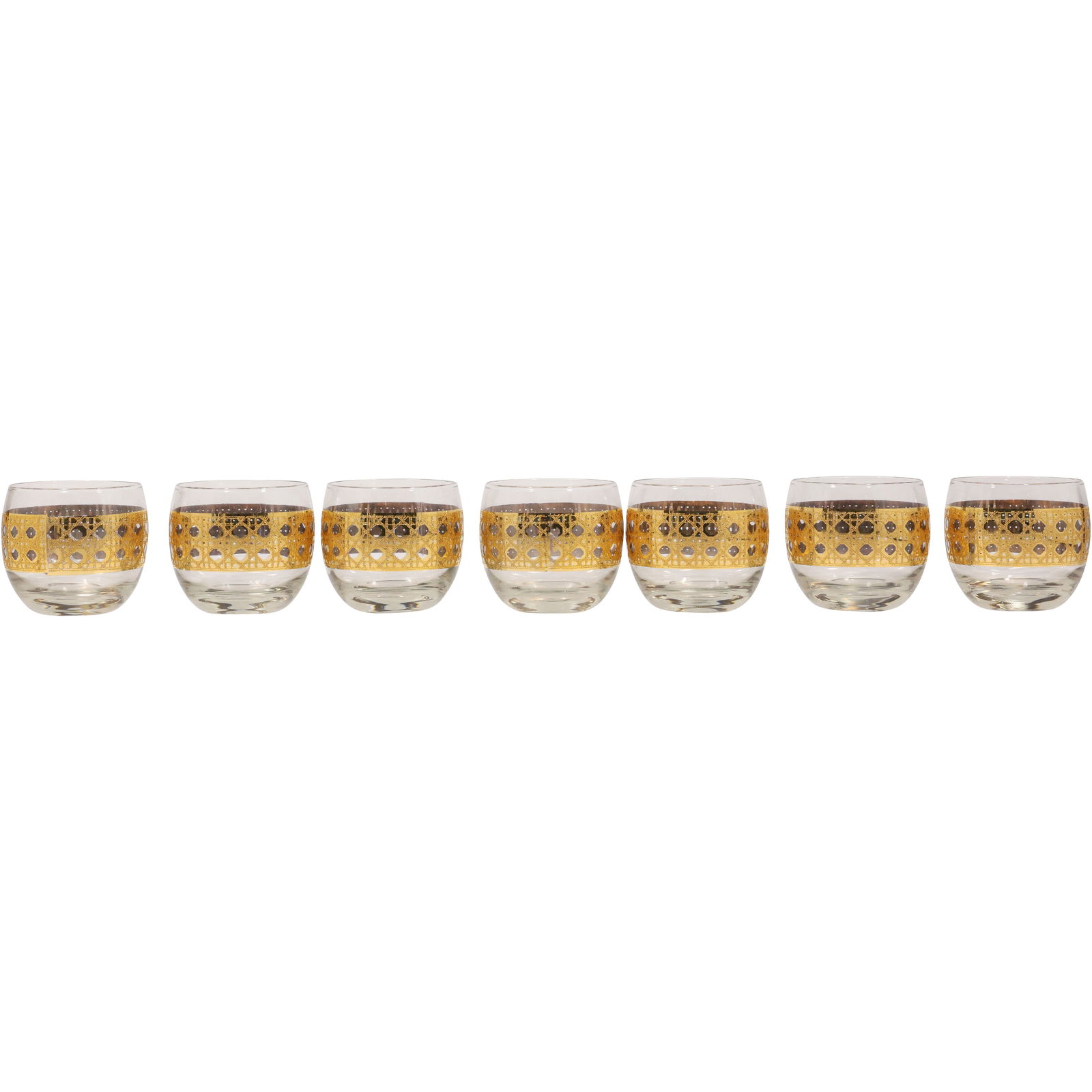 Set of 6 Culver Cannella Roly Poly glasses, Mid-Century "Cane" design 22k gold gilding + one extra (1 of 16)