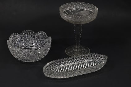 3 Assorted Brilliant Cut Glass Bowl, Oval Relish and Pedestal Base Compote