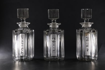 Set 3 Vintage Historian Sunray Crystal Glass Rye, Scotch and Gin Embossed Decanters 9 in. height
