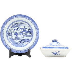 19th C. Chinese Export Canton Blue and White Covered Tureen and Plate